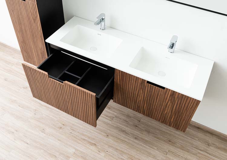 Meuble de salle de bains Willow noyer suspendu avec lavabo double blanc mat 140cm