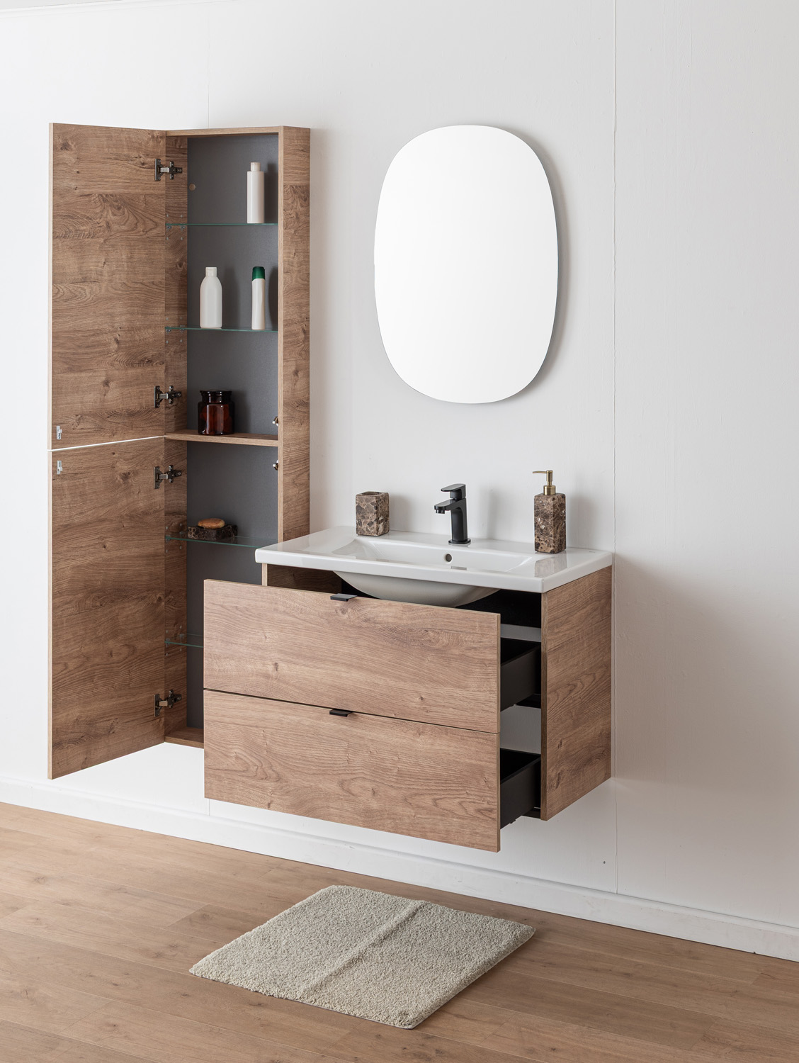 Badkamermeubel Raf honingeik hangend met enkele wastafel glanzend wit 80cm