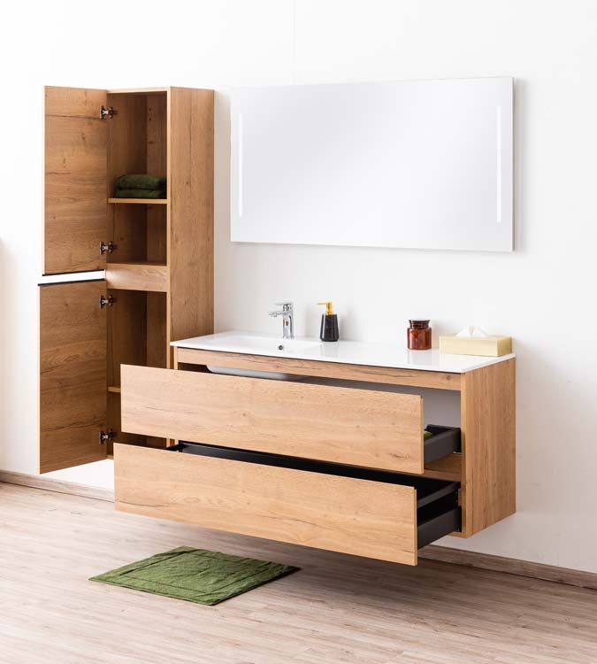 Meuble de salle de bains Daria chêne brun doré suspendu avec lavabo simple à gauche blanc brillant 140cm