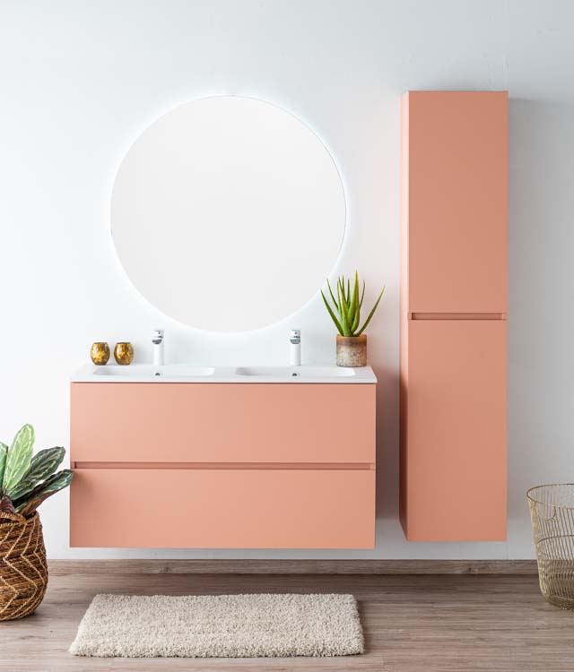 Meuble de salle de bains Puro blush suspendu avec lavabo double blanc mat 120cm