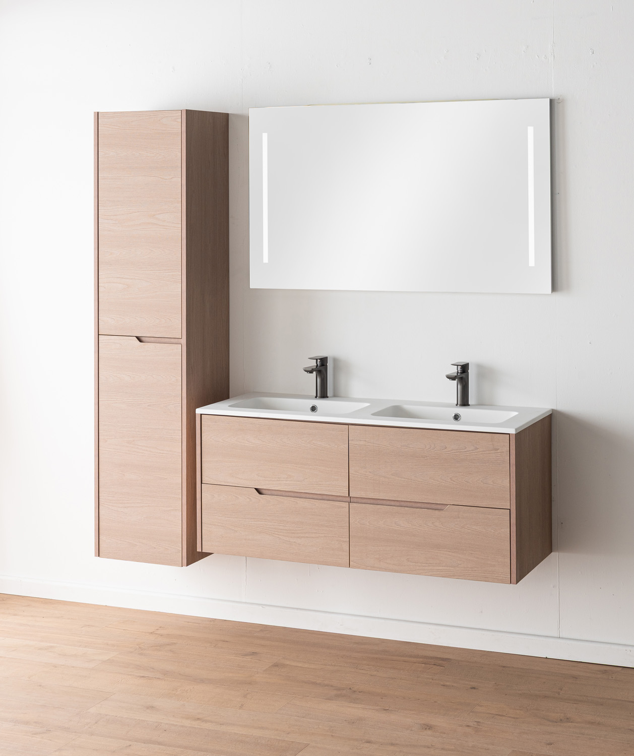 Meuble de salle de bains Tarik chêne Nordic suspendu avec double vasque blanc mat 120cm