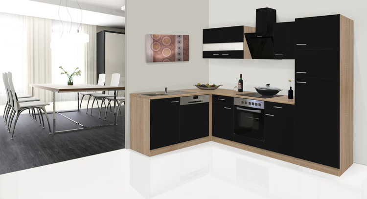 Cuisine 280x172cm - noir/chêne - vitrocéramique et hotte murale noir