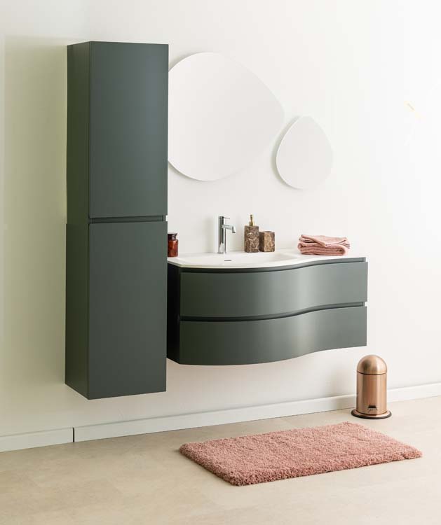 Meuble de salle de bains Aaron gris courbé avec lavabo simple blanc mat 110cm