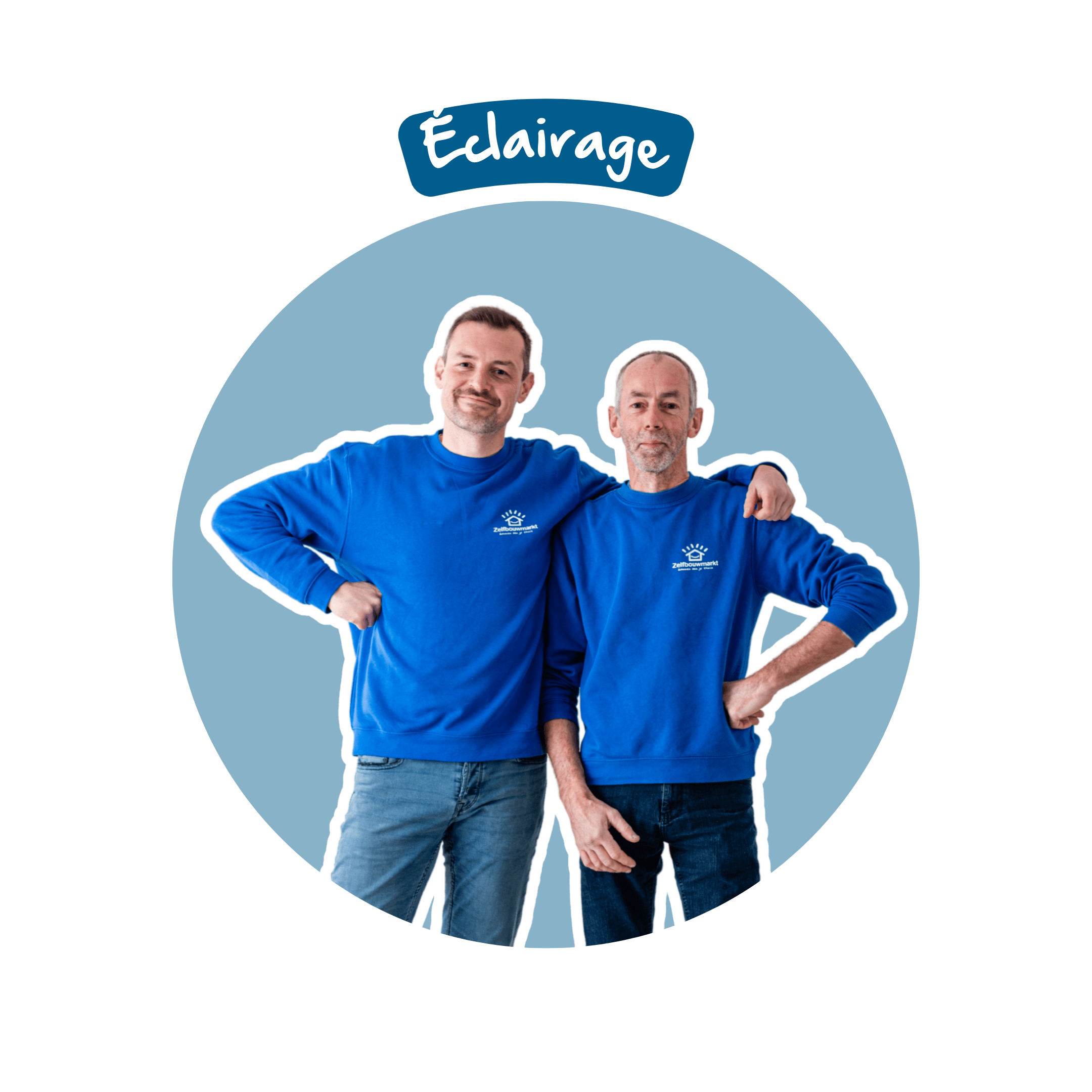 Photo de deux collègues en tenue Zelfbouwmarkt qui partagent des conseils DIY sur l éclairage