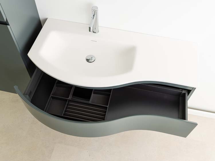 Meuble de salle de bains Aaron gris courbé avec lavabo simple blanc mat 110cm