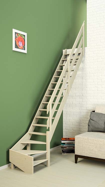 Escalier de meunier Bonn Mini en pin avec quart tournant en bas à droite 320x65cm