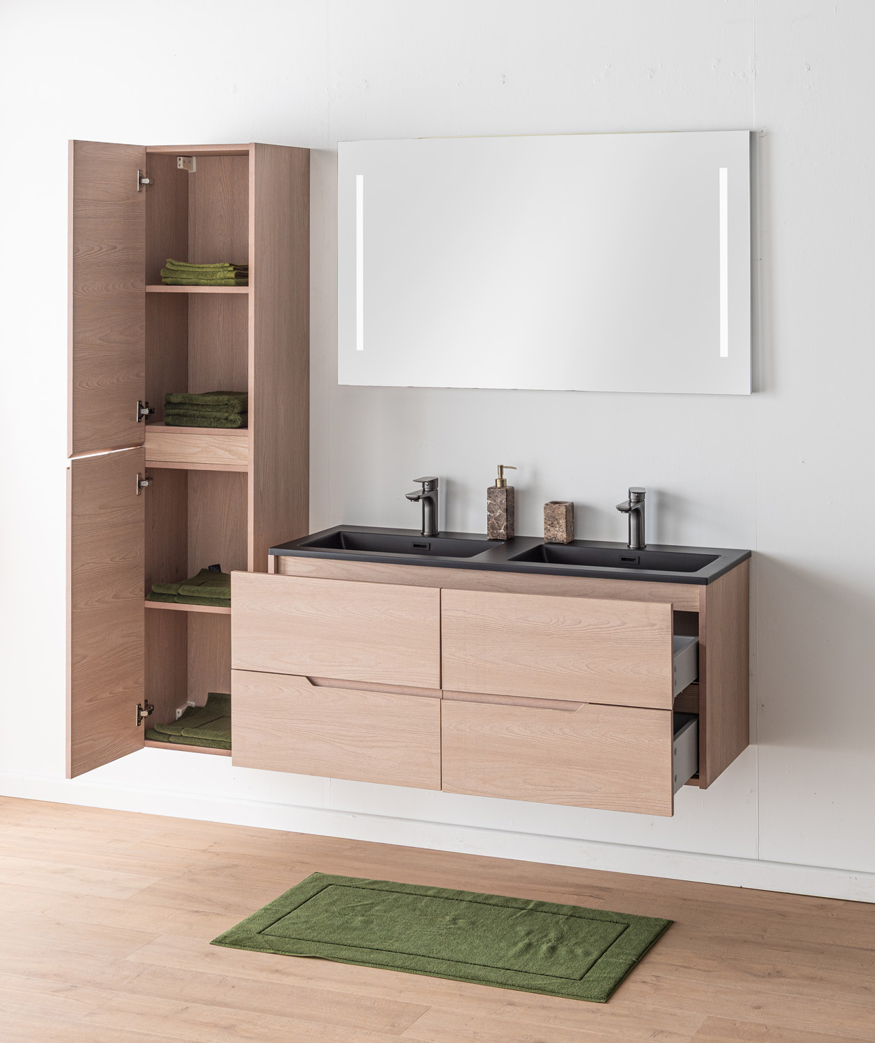 Meuble de salle de bains Tarik chêne Nordic suspendu avec double vasque noir mat 120cm