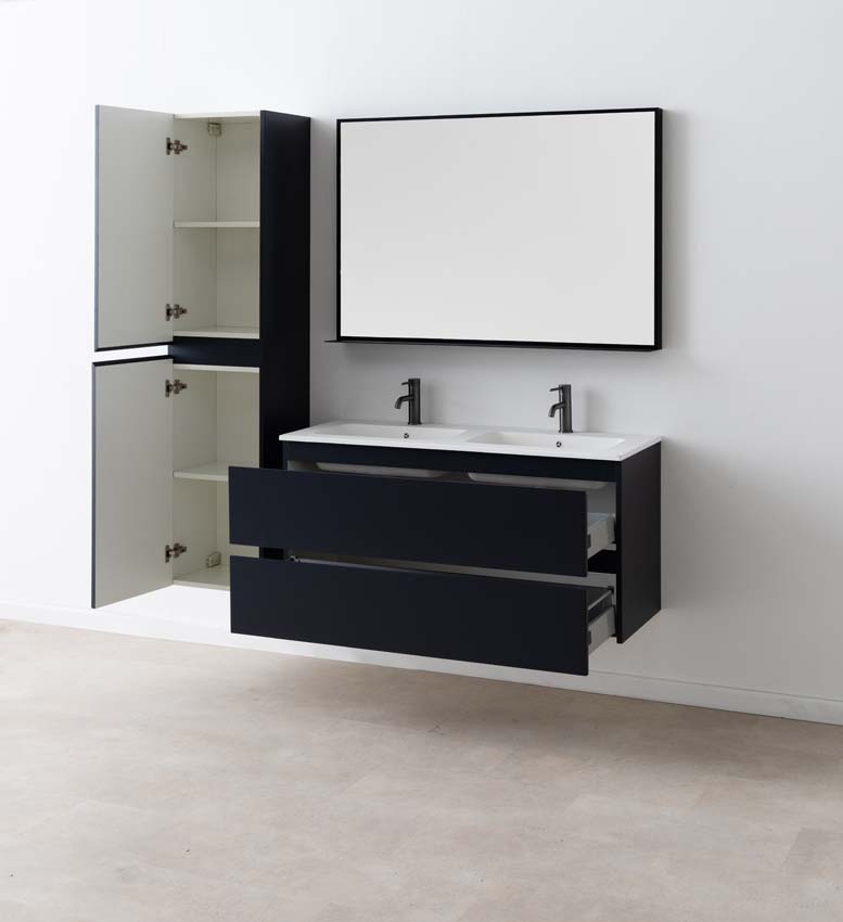 Meuble de salle de bains Tibo gris suspendu avec lavabo double blanc mat 120cm