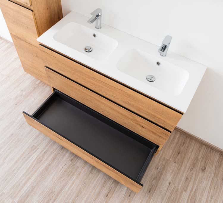 Meuble de salle de bain Daria chêne brun doré 1200 mm sur pied 2 lavabo brillant