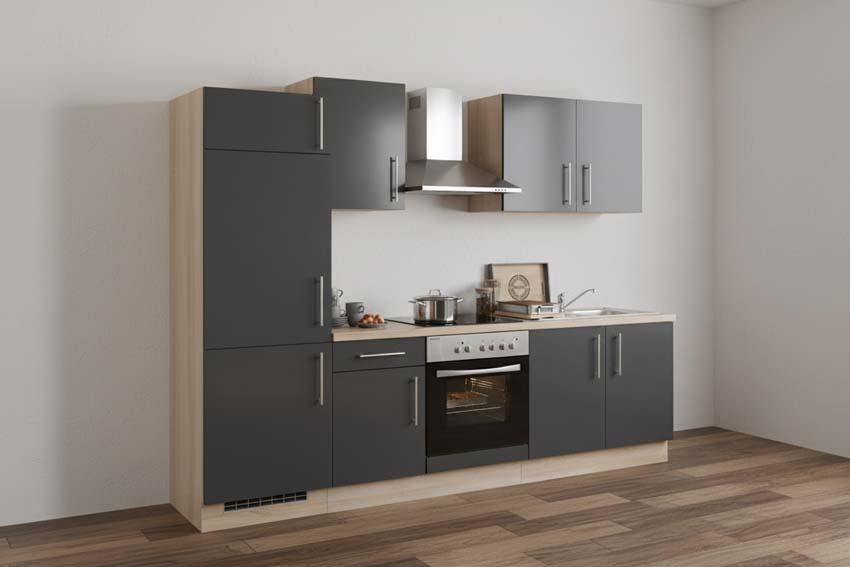 Keuken Ymir mat grijs/eik 270cm - met toestellen - vitrokeramische kookplaat en inox wanddampkap