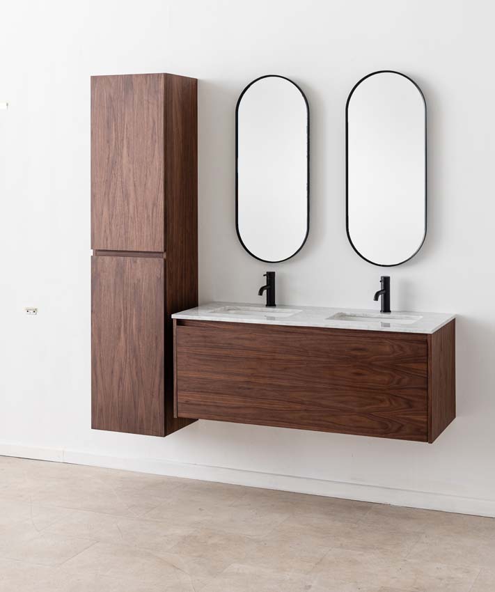 Meuble de salle de bains Falco noyer suspendu avec lavabo double effet marbre carrara 120cm