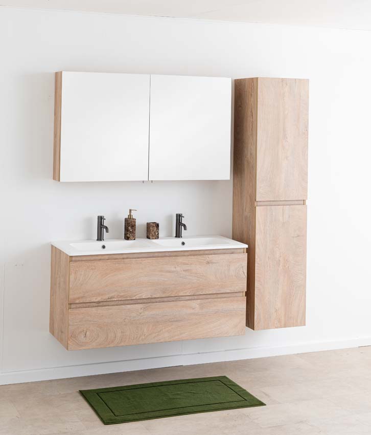 Meuble de salle de bain Tibo en chêne méditerranéen avec double lavabo blanc mat 120cm