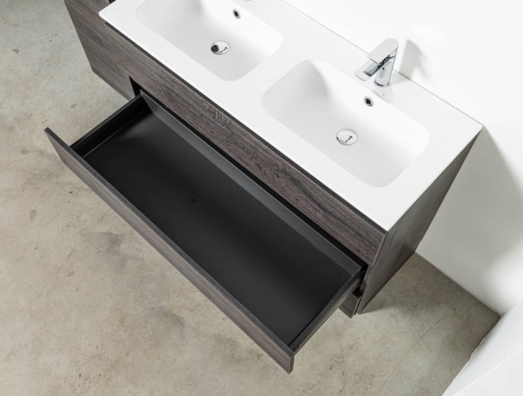 Meuble de salle de bain Dotan chêne foncé 1200 mm sur pied 2 lavabo brillant