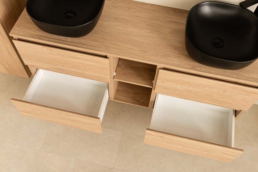 Meuble de salle de bain Bella aspect chêne 1500 mm lavabo double noir mat Meuble de salle de bain Bella aspect chêne 1500 mm lavabo double noir mat