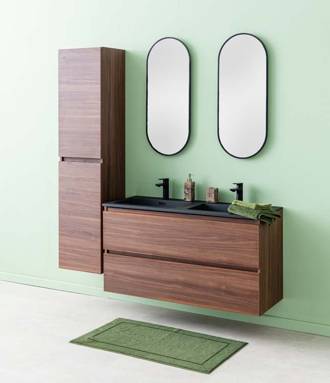 Meuble de salle de bains Dotan noyer suspendu avec lavabo double noir mat 120cm