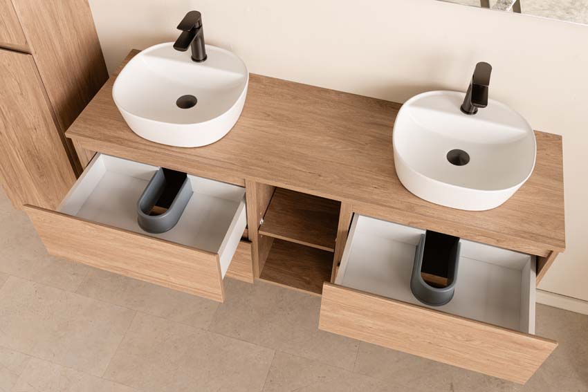 Meuble de salle de bains Bella chêne suspendu avec double vasque à poser blanc avec trou pour robinet 150cm