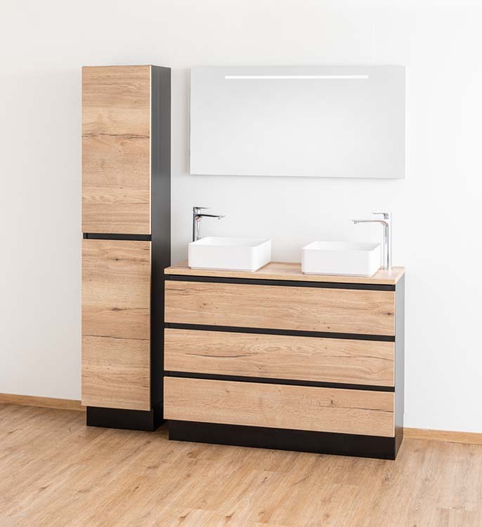 Badkamermeubel Dotan zwart/eik 1200 mm staand opbouwtablet melamine Badkamermeubel Dotan zwart/eik 1200 mm staand opbouwtablet melamine