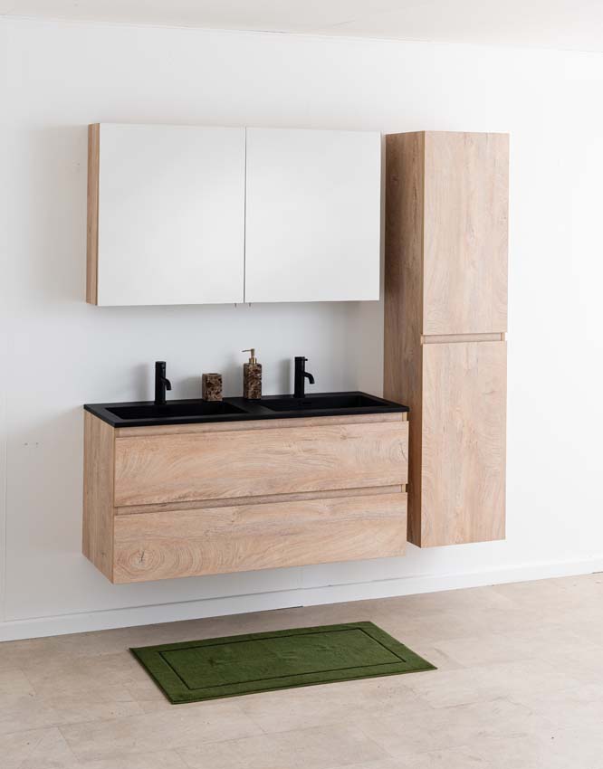 Meuble de salle de bain Tibo en chêne méditerranéen avec double lavabo noir mat 120cm