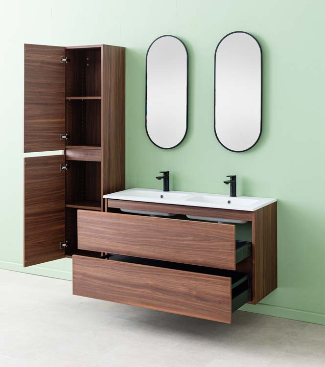 Meuble de salle de bains Dotan noyer suspendu avec lavabo double blanc mat 120cm