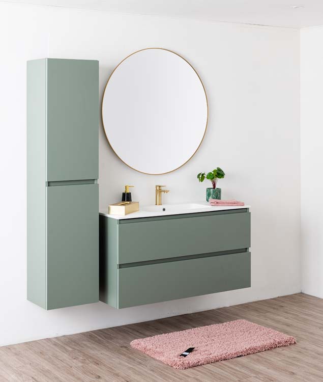 Meuble de salle de bains Dotan eucalyptus vert avec lavabo simple blanc mat 120cm