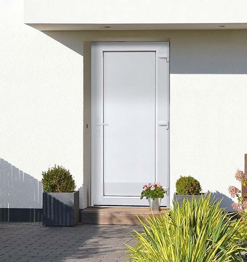 Porte extérieure panneau lisse PVC blanc ouvrant à droite ouvrant vers lextérieur sur mesure