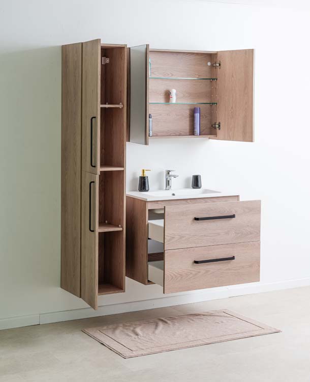 Meuble de salle de bains Bison chêne suspendu avec lavabo simple blanc mat 80cm