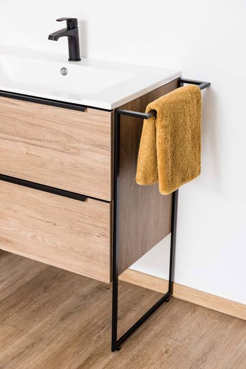 Badkamermeubel Mist houtlook staand met enkele wastafel glanzend wit 80cm