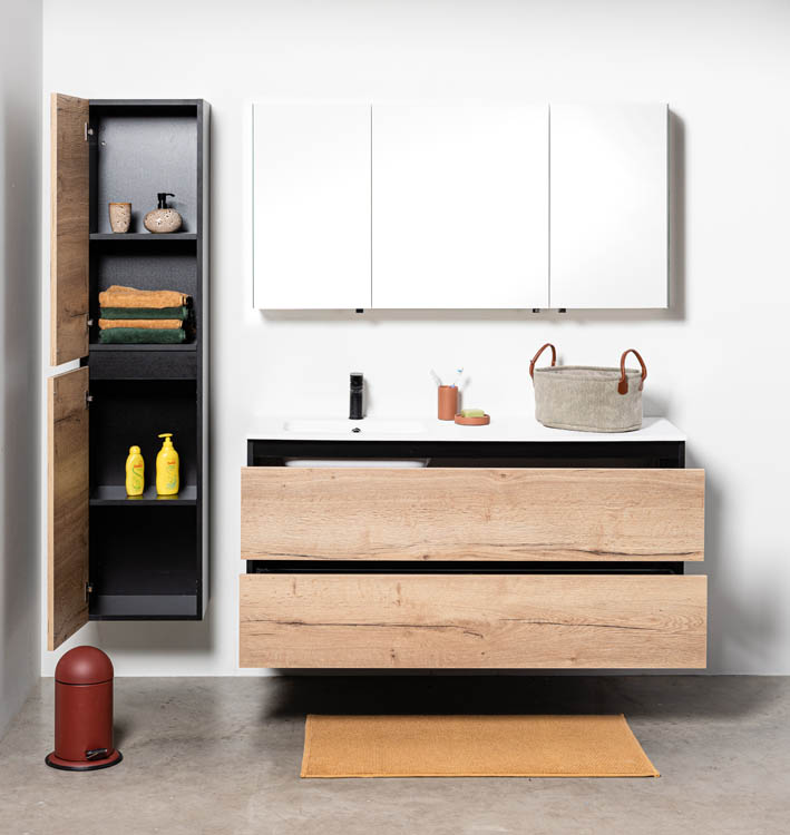 Badkamermeubel Dotan eik hangend met enkele wastafel links mat wit 140cm