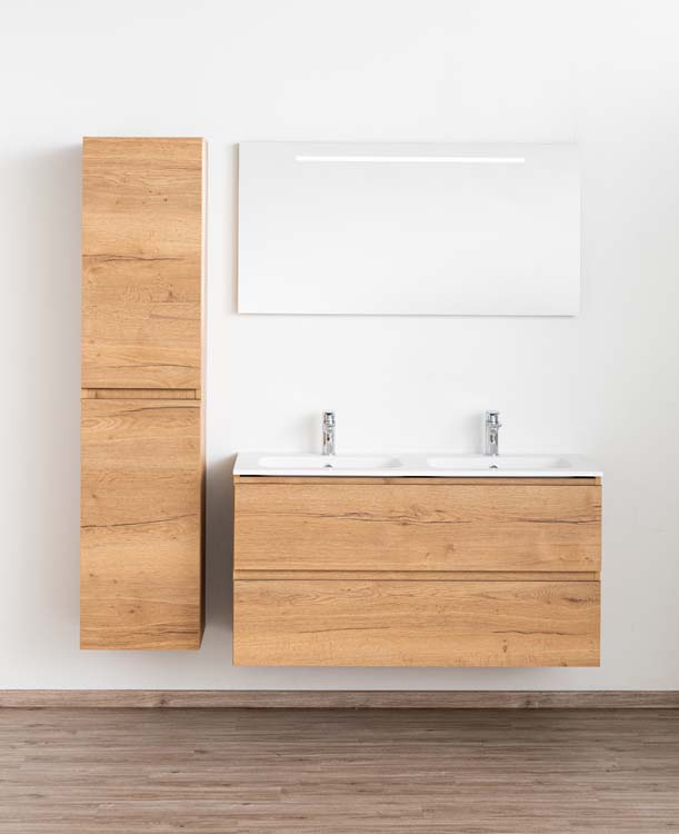 Meuble de salle de bains Daria chêne brun doré suspendu avec lavabo double blanc mat 120cm