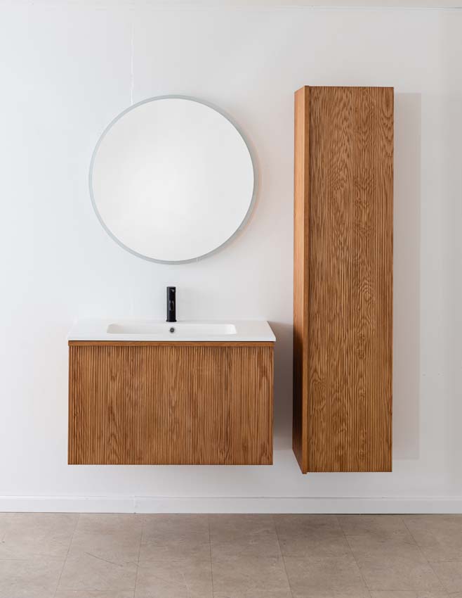 Badkamermeubel Fae eik hangend met enkele wastafel mat wit 90cm