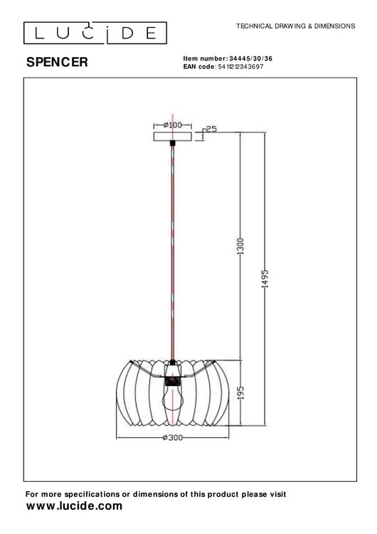 Lucide SPENCER - Hanglamp - Ø 30 cm - 1xE27 - Grijs