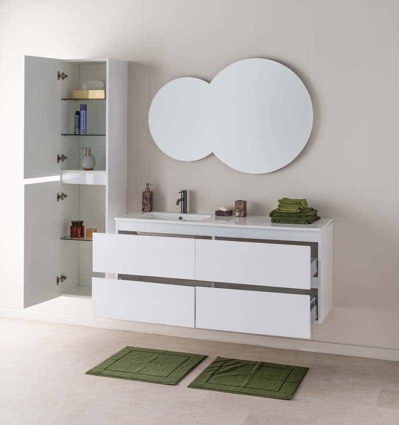 Meuble de salle de bains Tibo blanc suspendu avec lavabo simple à gauche blanc brillant 140cm