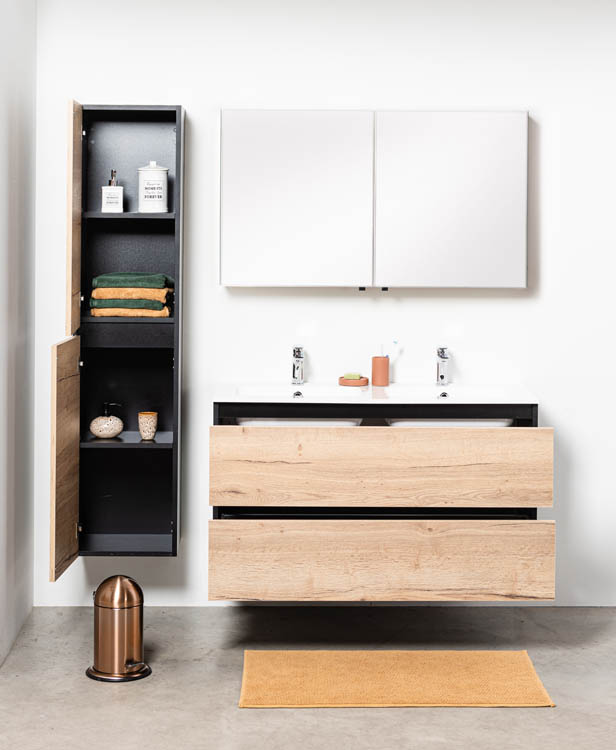 Badkamermeubel Dotan zwart/eik 1200 mm 2 wastafels porselein glans