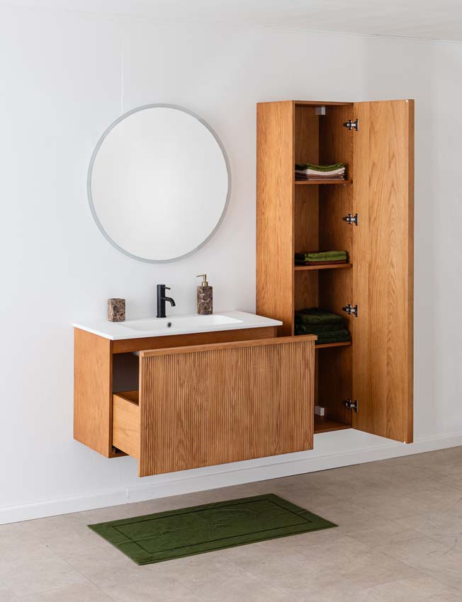 Badkamermeubel Fae eik hangend met enkele wastafel mat wit 90cm