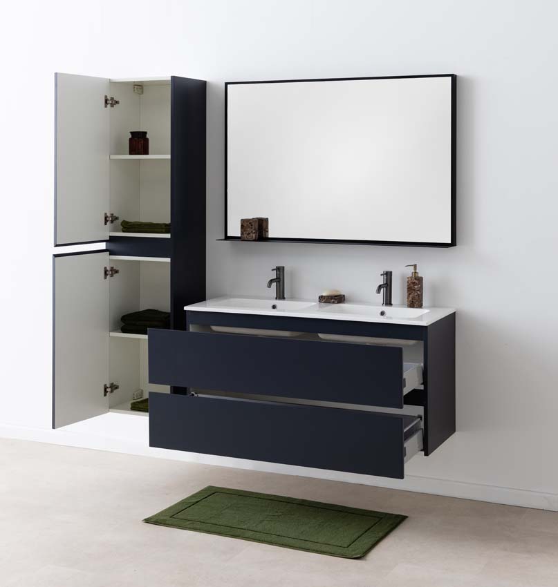 Meuble de salle de bains Tibo gris suspendu avec lavabo double blanc brillant 120cm Meuble de salle de bains Tibo gris suspendu avec lavabo double blanc brillant 120cm