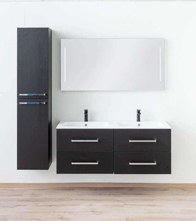 Badkamermeubel Plato zwart houtnerf 140cm - dubbel - glanzend - greep chroom