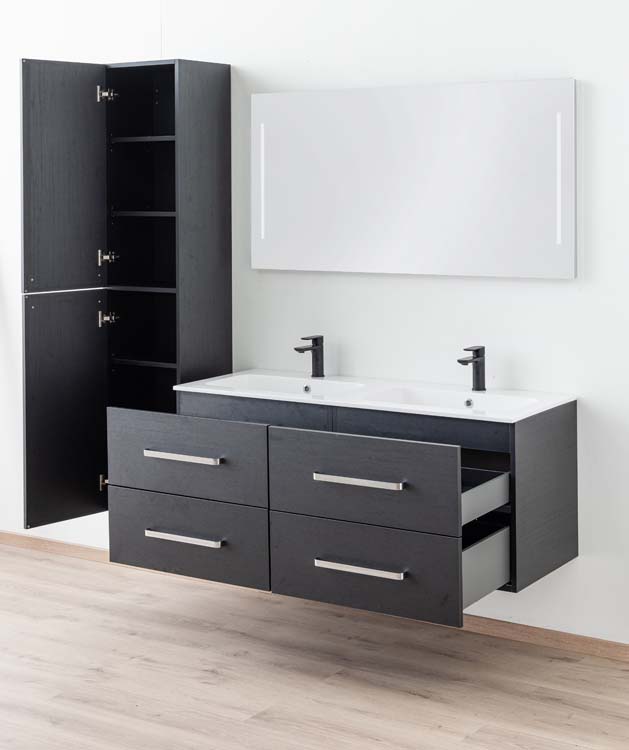 Badkamermeubel Plato zwart houtnerf 140cm - dubbel - glanzend - greep chroom