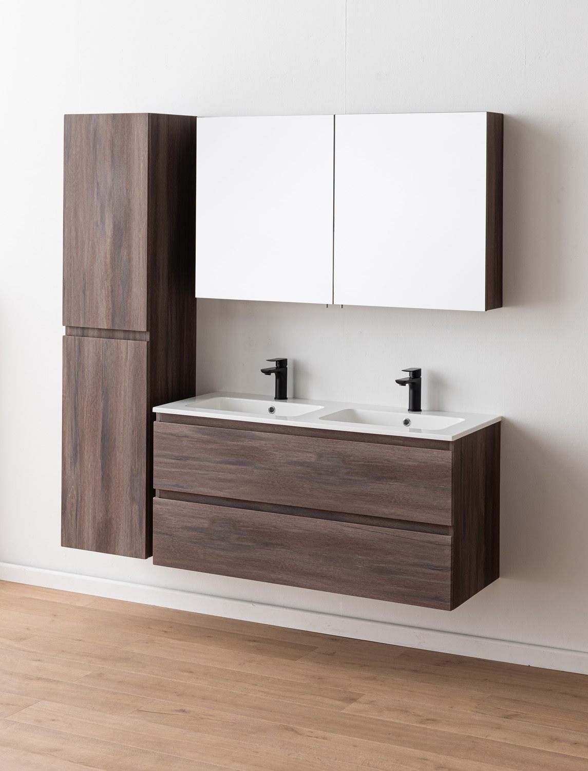 Meuble de salle de bains Tarik chêne ambré suspendu avec double vasque blanc brillant 120cm