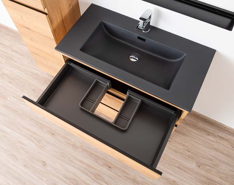 Meuble de salle de bain Daria chêne brun doré 900 mm sur pied lavabo noir mat Meuble de salle de bain Daria chêne brun doré 900 mm sur pied lavabo noir mat