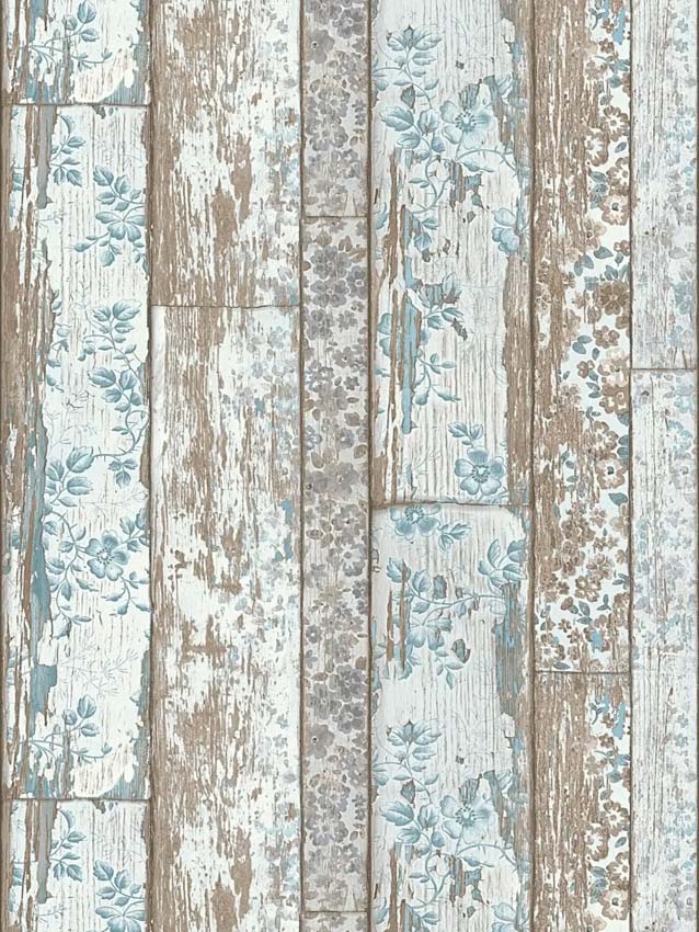 Vinyle sur papier peint intissé planches + fleurs bleu 0,53x10m