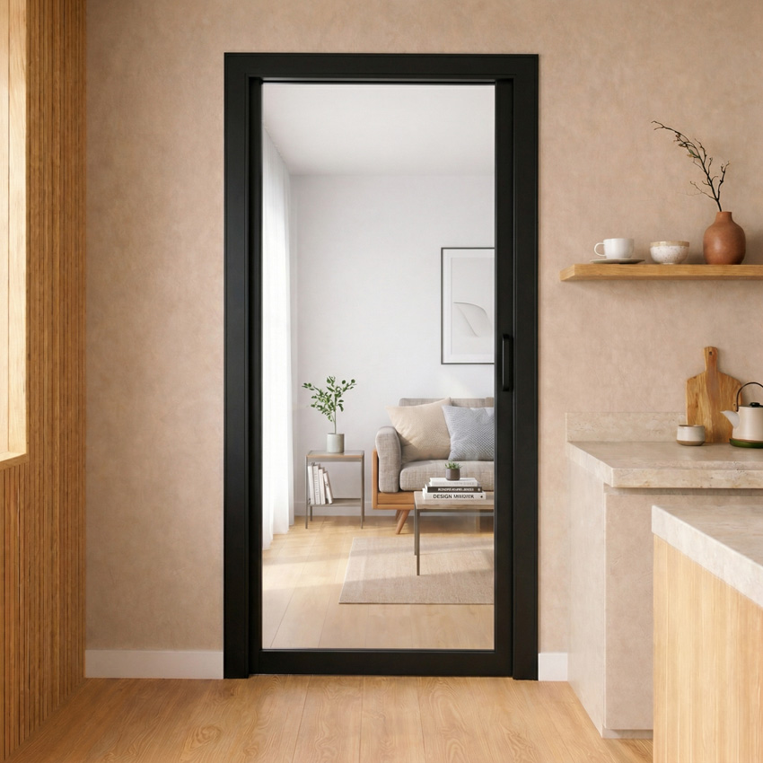 Bloc-porte steel look bois noir 1R L201,5xl63cm verre clair réversible