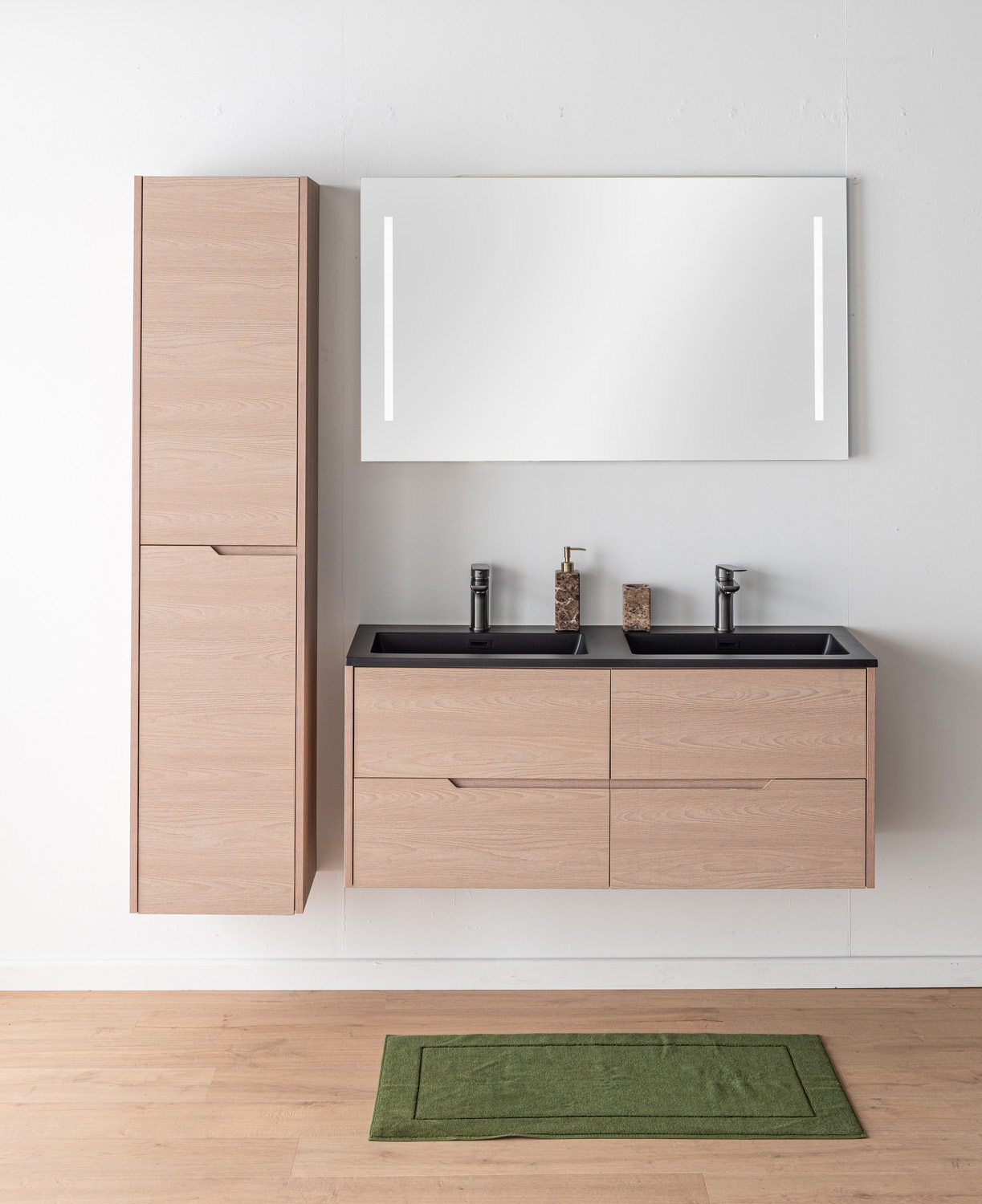 Meuble de salle de bains Tarik chêne Nordic suspendu avec double vasque noir mat 120cm