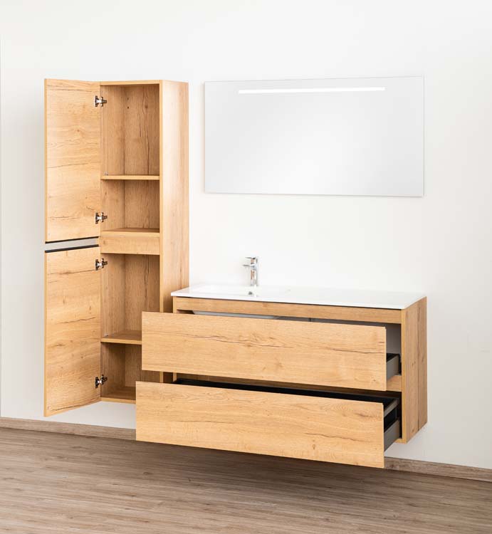 Meuble de salle de bain Daria chêne brun doré 1200 mm lavabo  brillant gauche