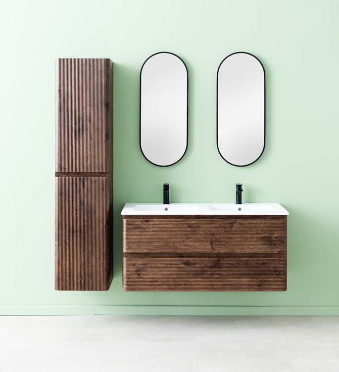 Meuble de salle de bains Jelte noyer suspendu avec lavabo double blanc brillant 120cm