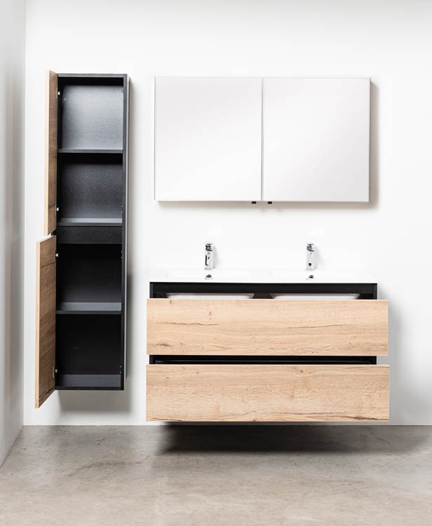 Badkamermeubel Dotan zwart/eik 1200 mm 2 wastafels porselein glans