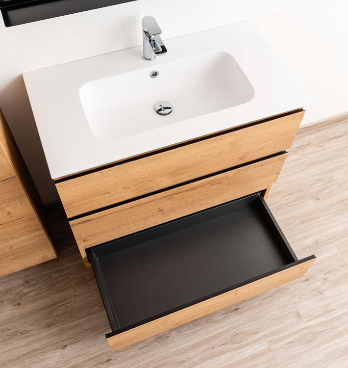 Meuble de salle de bains Daria chêne brun doré sur pied avec lavabo simple blanc mat 90cm
