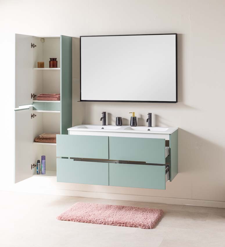 Badkamermeubel Truman grijsgroen hangend met dubbele wastafel mat wit 120cm