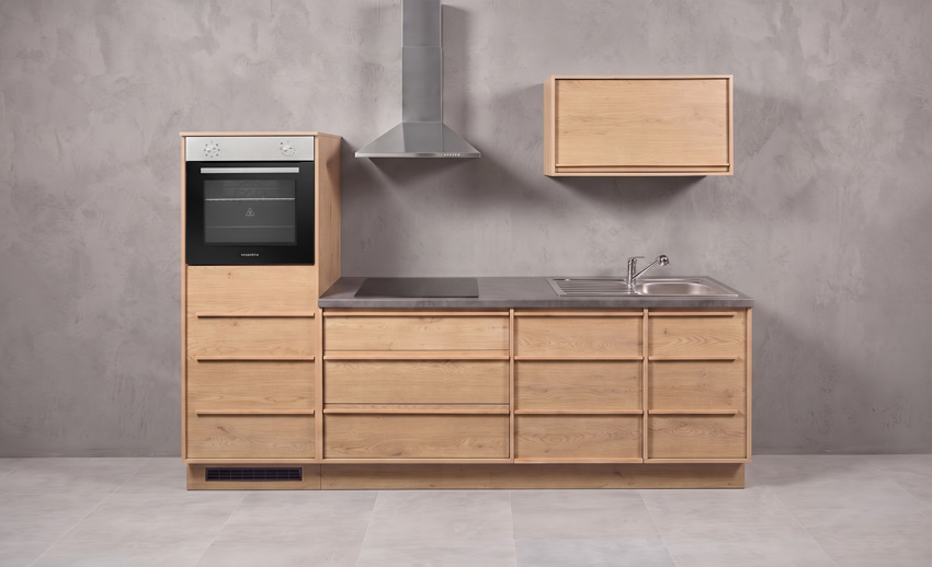 Cuisine Nara chêne 264cm - avec appareils - plaque de cuisson vitrocéramique et hotte murale en inox