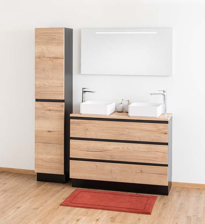 Badkamermeubel Dotan zwart/eik 1200 mm staand opbouwtablet melamine Badkamermeubel Dotan zwart/eik 1200 mm staand opbouwtablet melamine