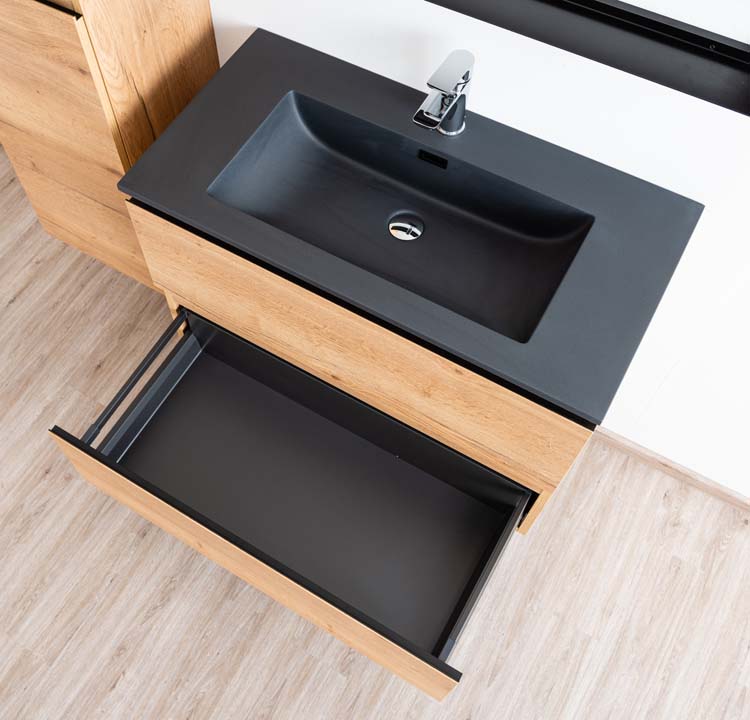 Badkamermeubel Daria eik goudbruin hangend met enkele wastafel mat zwart 90cm